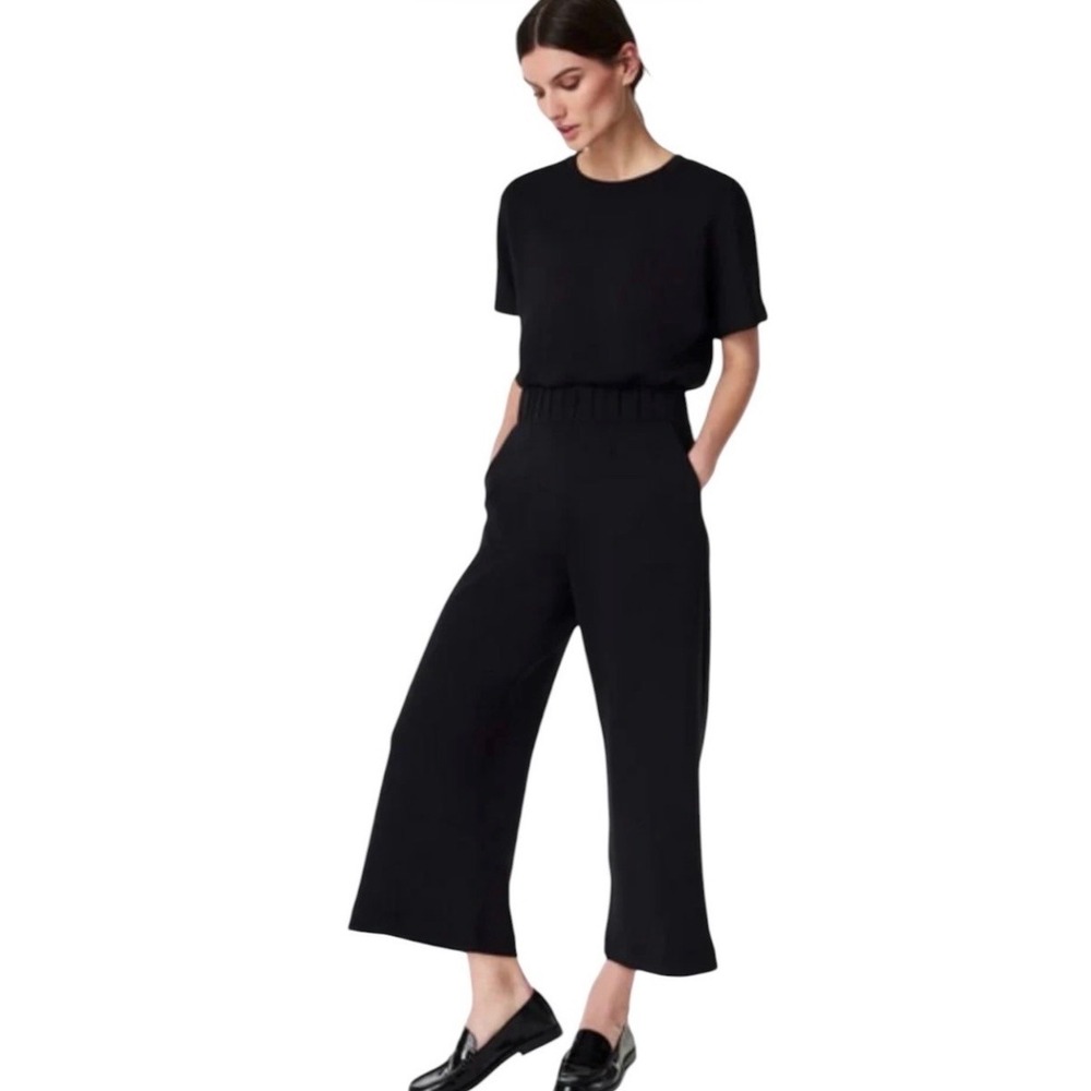Spanx AirEssentials Short Sleeve Wide Leg Cropped Jumpsuit Black L 50625R Large